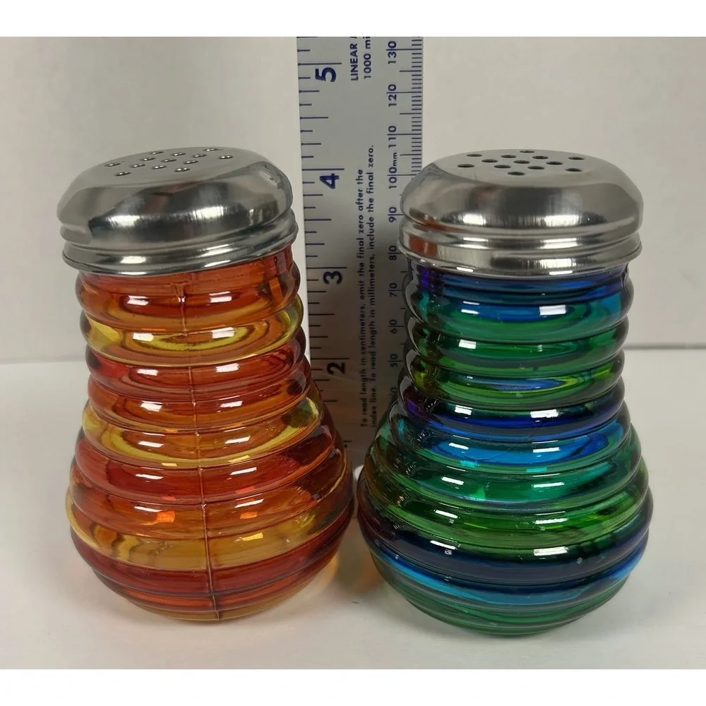 VTG Colorful Ribbed Glass Kitchen Shaker Bottles Orange Blue Green 4